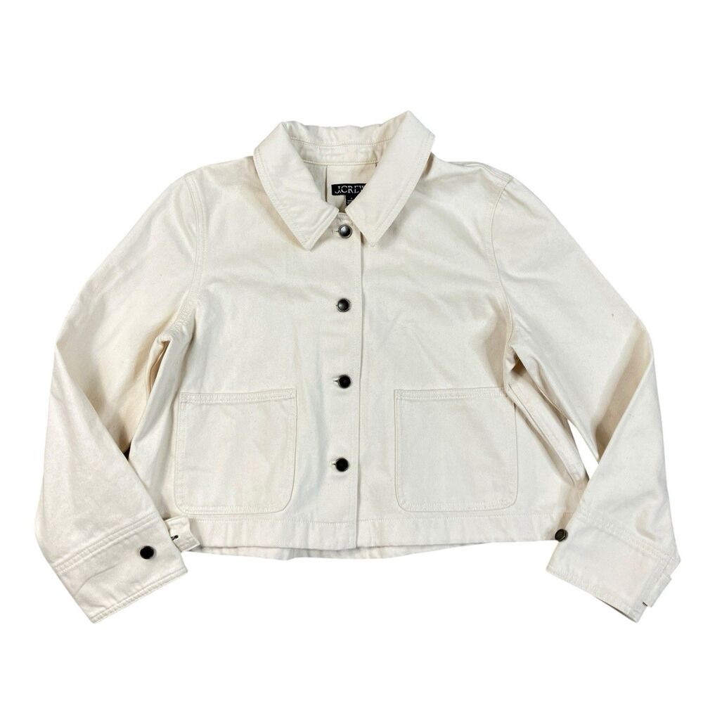 J Crew Barn Jacket Womens S Beige Cropped Ecru Denim Cotton Chore Workwear CS395